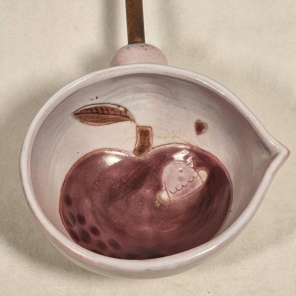 SIGNED Cloutier Apple Ladle Spouted Spoon Beautiful Ceramic Bowl Wood Handle